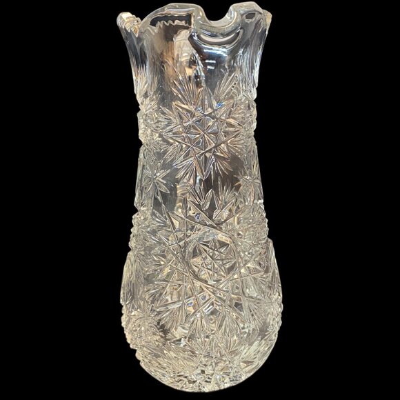 Vintage Cut Crystal Glass Pitcher Intricate Starburst Design & Ribbed Handle - Picture 10 of 13